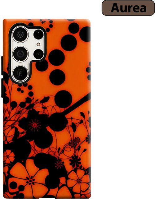 Stoßfeste Doppelschicht Handyhülle mit Blumenpunkten in Orange und Schwarz für Samsung Galaxy S25 Ultra, S24 und S23 Ultra Plus - Bild 1