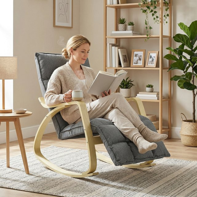 HOMCOM Schaukelstuhl mit 5-fach verstellbarer Fußstütze und hoher Rückenlehne, Relaxsessel in Leinenoptik für Wohnzimmer und Schlafzimmer, Grau - Bild 1