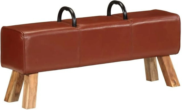 vidaXL Bank im Turnbock-Design aus Akazienholz und Echtleder, Braun, Breite: 110 cm, Tiefe: 30 cm, Höhe: 46 cm - Bild 1