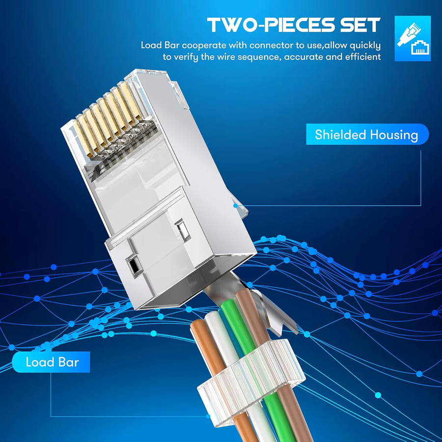 ZoeRax 50er-Pack geschirmte RJ45 Cat7 Cat6A Durchgangsverbinder, 3-polige 8P8C Ethernet-Kabelstecker mit vergoldeten Kontakten - Bild 4