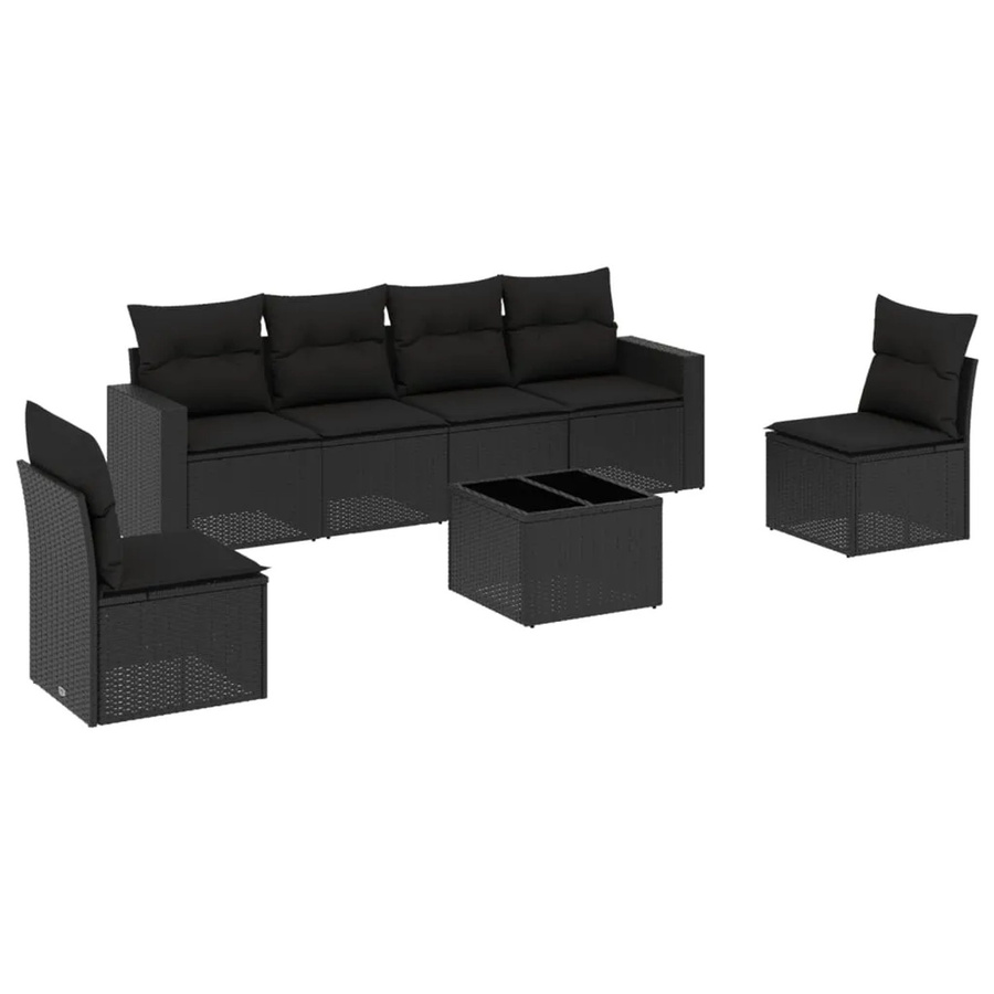 vidaXL 7-tlg. Garten-Sofagarnitur in L-Form aus schwarzem Poly-Rattan mit Tisch und Kissen - Bild 2