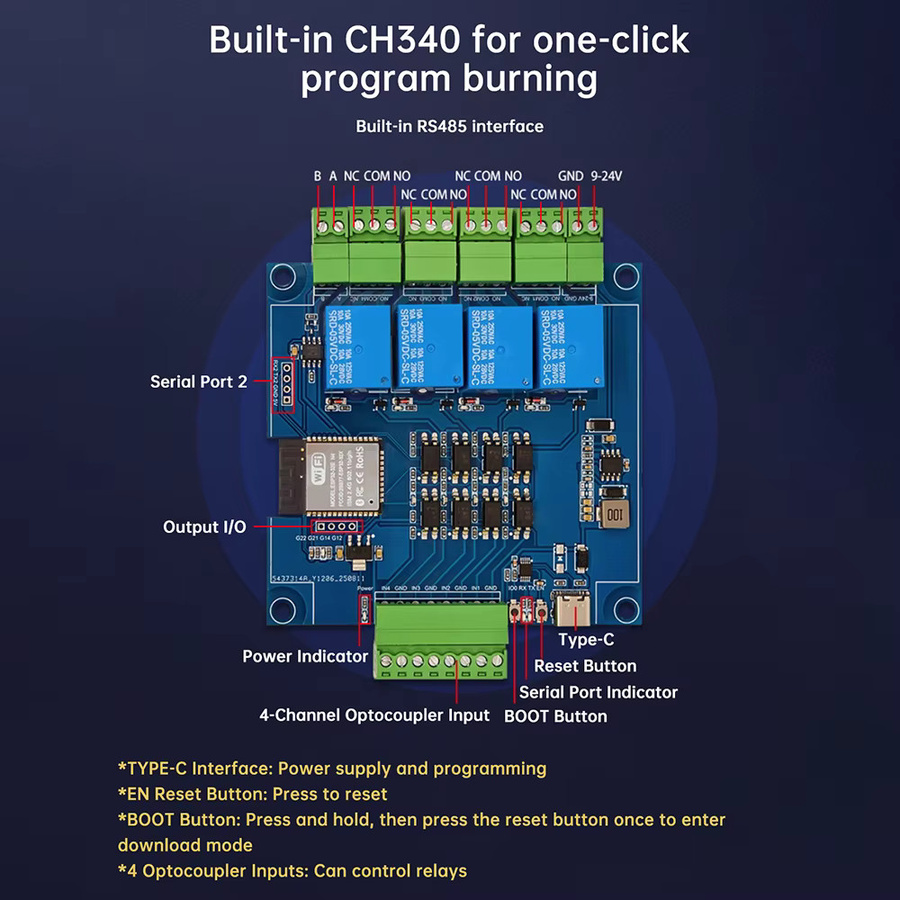 Aideepen ESP32 WLAN-Relais-Entwicklungsboard mit RS485 USART Modbus, Bluetooth und Optokoppler-Isolationsmodul, Typ C, DC 9-24V - Bild 2