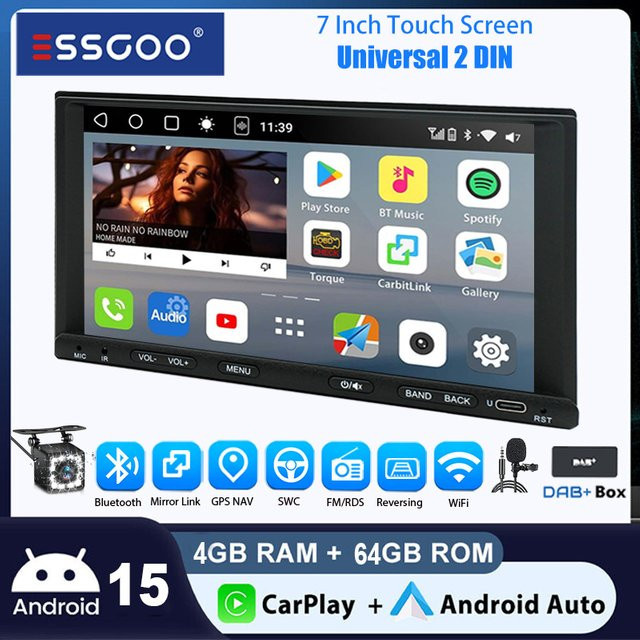 ESSGOO Universal Autoradio mit Android 15, 7 Zoll Touchscreen, GPS Navigation, Wireless CarPlay, Android Auto, Bluetooth, WiFi und USB Typ-C in Schwarz - Bild 1
