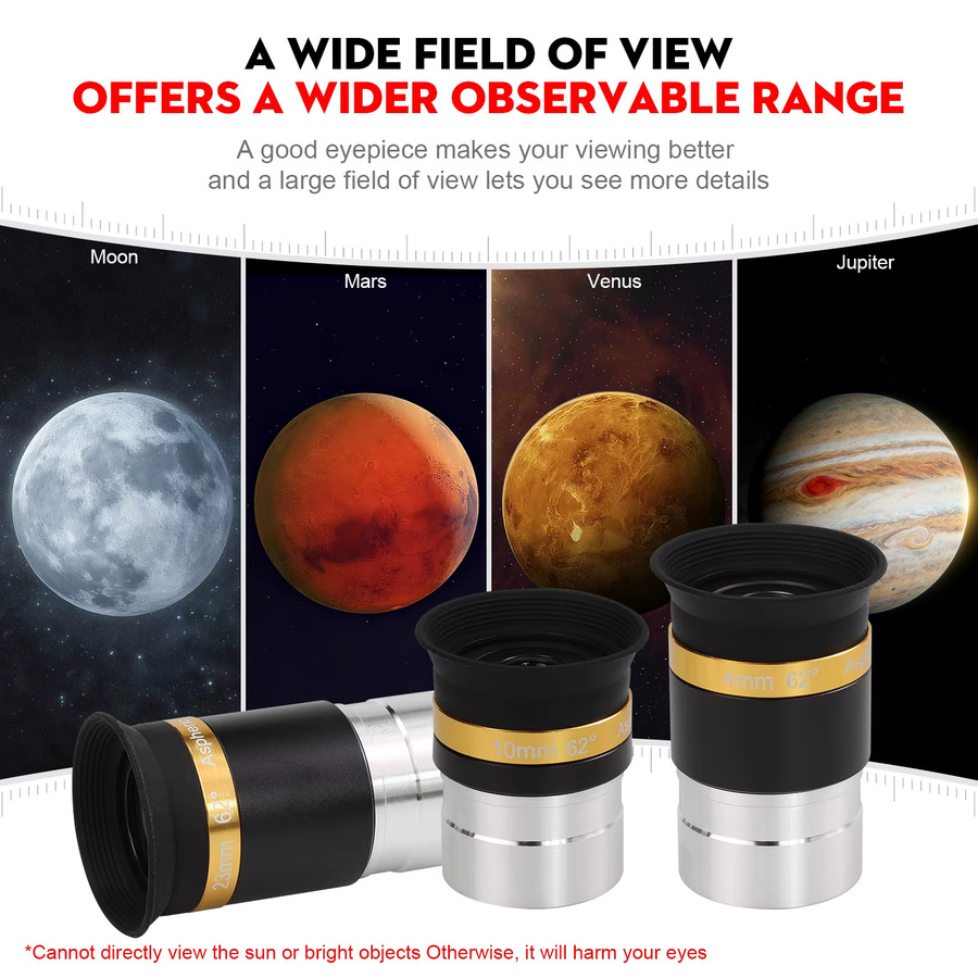 Datyson Weitwinkel-Objektiv Set für astronomische Teleskope, 4/10/23 mm, 62 Grad, asphärisch, HD-vollständig beschichtet, Schwarz, 1,25 Zoll - Bild 3