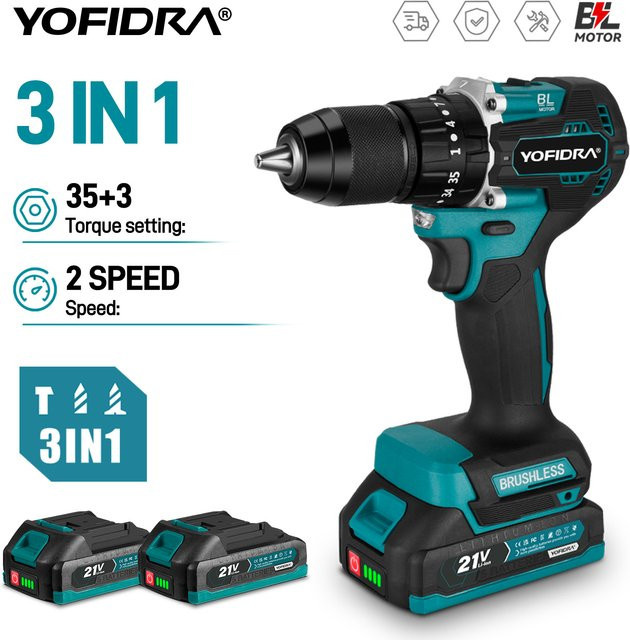 YOFIDRA Bürstenloser Akku-Schlagbohrschrauber mit 35+3 Nm Drehmoment für Makita 18-21V Akkus, Farbe: Petrol - Bild 1
