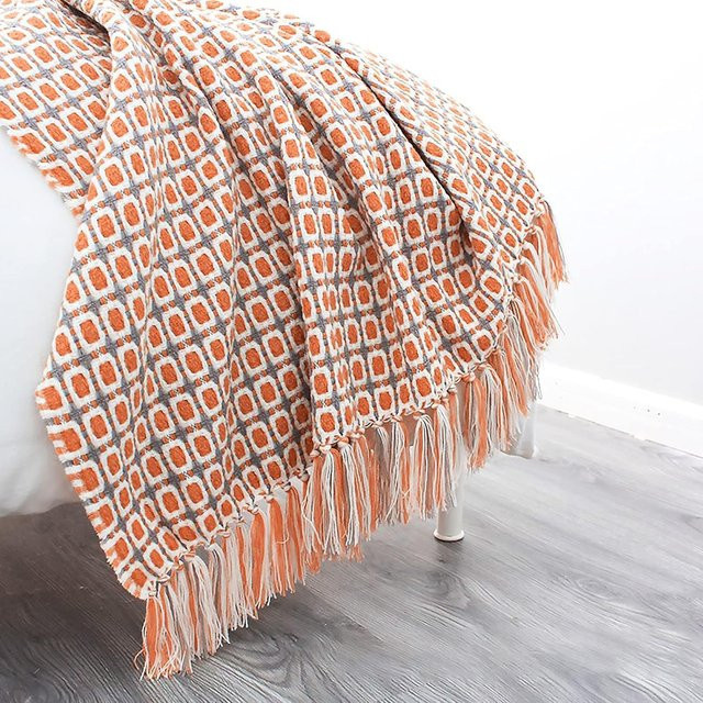 Inyahome Klassische Hahnentritt Plaid Decke mit Quasten, Gestrickte Kuscheldecke in Grau und Orange - Bild 1