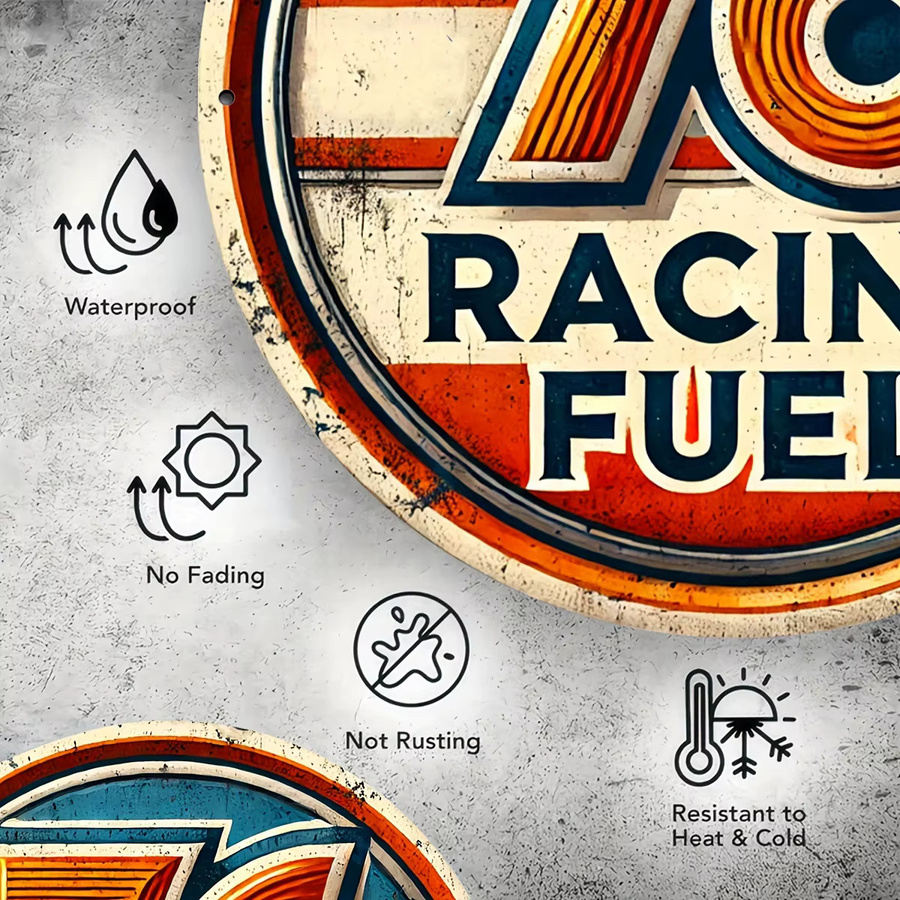 Potdemiel Racing Fuel Vintage Metallblechschild, rundes Aluminium-Wandkunst-Schild in Mehrfarbig, Durchmesser: 20,3 cm - Bild 3