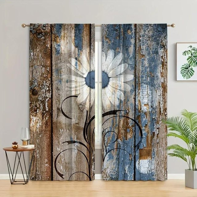 2er-Set Vintage Fenstervorhänge von Yiran Furniture mit Streifenmuster in Braun und Blau, Breite: 50 cm, Höhe: 160 cm - Bild 1