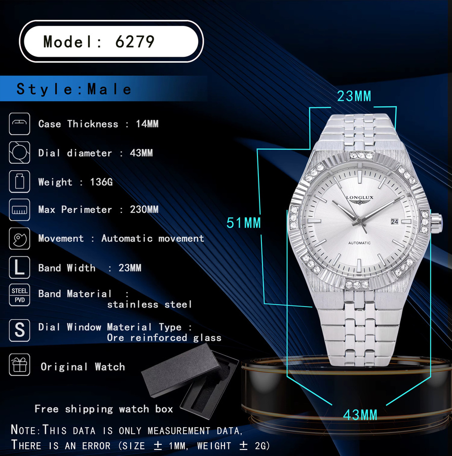 LONGLUX Automatikuhr, Edelstahl, Diamant, Herren, Weiß, Datum - Bild 6