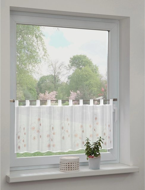 Sehlbach Bistrogardine mit Schlaufen und Stickblüten in Braun, B: 135 cm, H: 45 cm - Bild 1