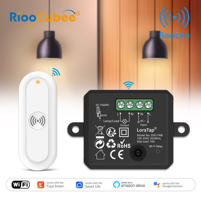 RiooCubee Tuya Smart Life 10A kabelloses Schalter-Relaismodul mit Beacon-Fernbedienung und Timer in Schwarz, kompatibel mit Google Home und Amazon Alexa - Bild 1