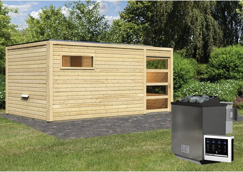 KARIBU Saunahaus Walk in Beige mit 9 kW Bio-Kombi-Ofen und externer Steuerung aus Fichtenholz, B/T/H: 508 x 276 x 210 cm - Bild 1
