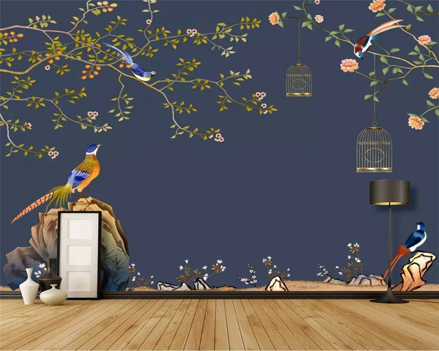 Beibehang Tapete mit modernem Blumen- und Vogelmuster in Blau - Bild 1
