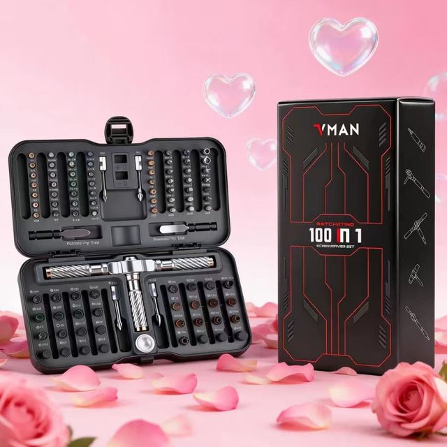 VMAN 100-in-1 Ratschen-Set mit S2-Stahl-Bits und magnetischem Design in Schwarz - Bild 1