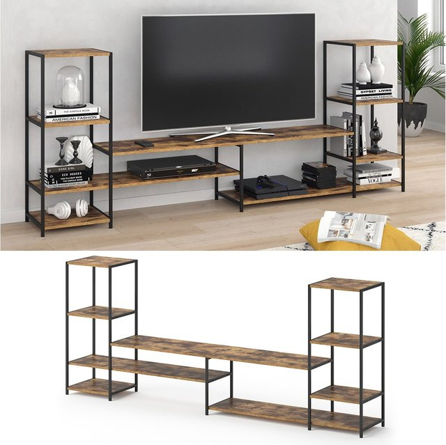 Vicco Anbauwand Fyrk Medienwand mit Lowboard in Antikholz-Optik und Metallgestell, Braun - Bild 1