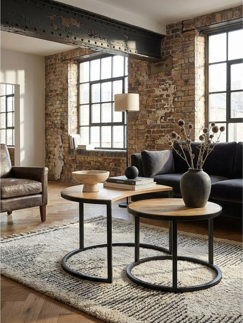 Couchtisch 2er Set KADIMA DESIGN aus Mango Massivholz und Metall in Industrial Design, Rund, Hellbraun, B/T/H: 60 x 41 x 41 cm - Bild 1