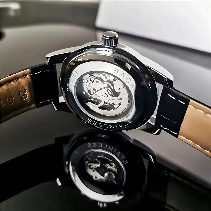 AOKULASIC Armbanduhr Automatik, Edelstahl, Leder, Schwarz, Herren - Bild 2