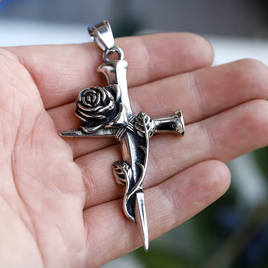 Halskette mit Kreuz Anhänger, Edelstahl, Roségold, Unisex, Vintage - Bild 3