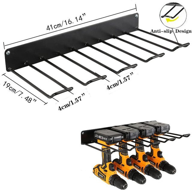 Wandmontiertes Elektrowerkzeug-Organizer-Rack aus Metall in Schwarz für Werkstatt und Garage - Bild 1