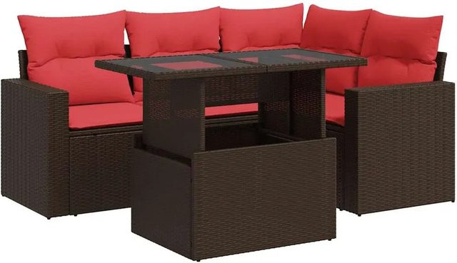 vidaXL 5-teilige Garten-Sofagarnitur in L-Form aus braunem Poly-Rattan und Akazie mit UV-beständigen Kissen - Bild 1