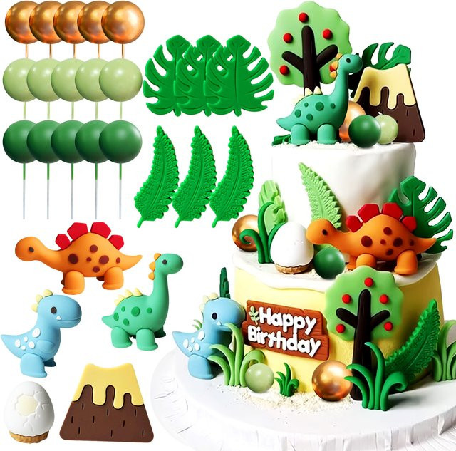 LaVenty Dinosaurier-Kuchendekorationen, Dinosaurier-Cupcake-Topper, grüner Rex, 3-teiliges Set - Bild 1
