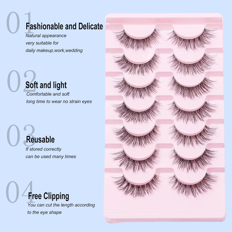 Falsche Wimpern, 3D-Stereo-Naturfaser, langer Fischschwanz, Schwarz, 7 Paar - Bild 2