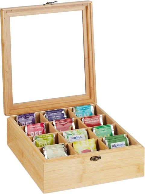 Relaxdays Teebox aus Bambus in Natur mit 12 Fächern, B/T/H: 26,5 x 9,5 x 28,5 cm - Bild 1