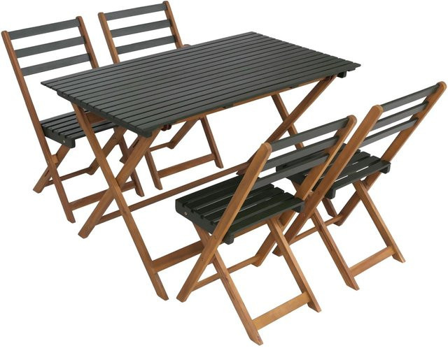MCW Sitzgruppe P72 Lounge-Set aus Akazienholz mit Tisch und 4 Stühlen, klappbar, Natur-Grün - Bild 1