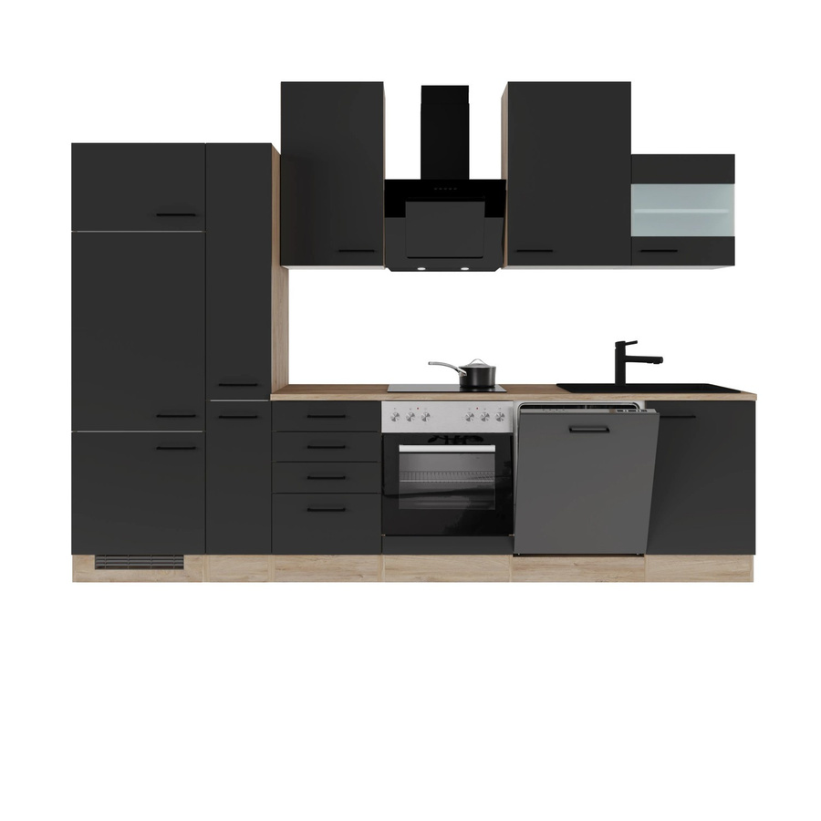 Flex-Well Exclusiv Küchenzeile Capri in Schwarz Matt und Endgrain Oak, Breite: 310 cm - Bild 2
