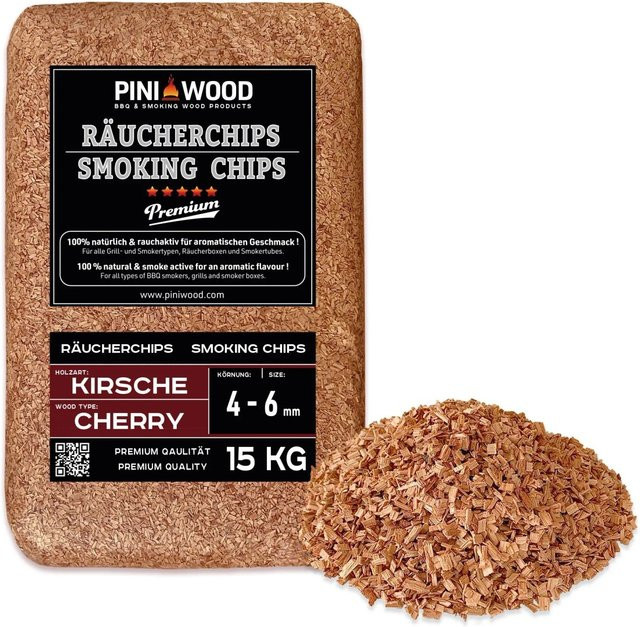 PINI Räucherchips Kirsche 15 kg, 4-6 mm Räucherspäne für Gas, Elektro und Holzkohlegrills - Bild 1