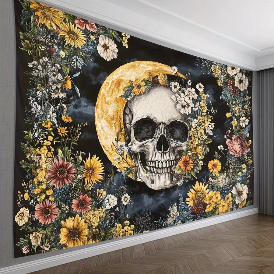 VIKAMA Halloween Wandteppich mit Totenkopf und Blumen in Multicolour, Rechteckiger Wandbehang im Boho-Stil, Breite: 60 cm, Höhe: 40 cm - Bild 2