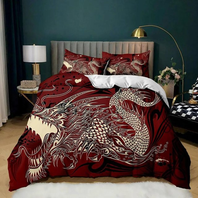 Binchi Outdoor Product 3-teiliges Bettwäsche-Set mit 3D Mythical Dragon Print in Rot, bestehend aus einem Bettbezug und 2 Kissenbezügen aus Polyester, B/H: 240 x 220 cm - Bild 1