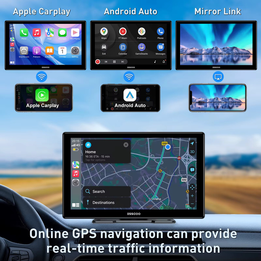 ESSGOO 9 Zoll universelles kabelloses CarPlay und Android Auto Infotainment-System mit Bluetooth, AUX, FM und Mirror Link in Schwarz - Bild 3