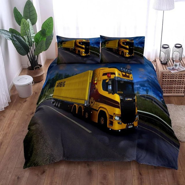 Bettwäsche-Set mit 3D Europäische LKWs Motiv in Türkisch, bestehend aus 1 Bettbezug und 2 Kissenbezügen, B/H: 135 x 200 cm - Bild 1