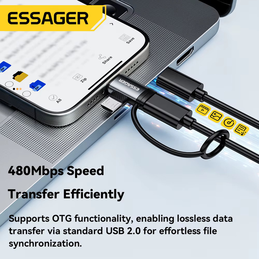 Essager 2-in-1 Adapter mit Lightning und Micro-USB auf USB-C Schnelllade-Konverter für iPhone und iPad in Schwarz oder Grau - Bild 2