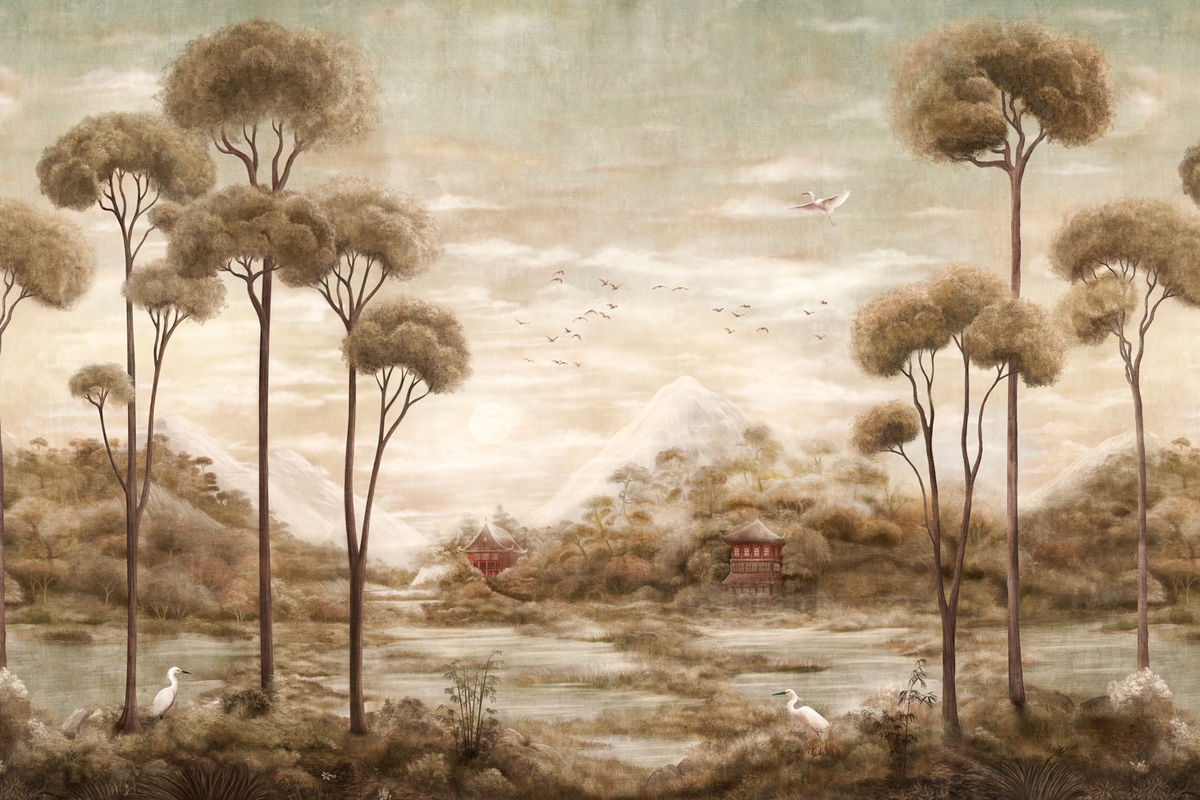 Coordonne Tapete Xi Hu Lake Chinoiserie Landschaft in Amber Braun/Beige aus Vlies - Bild 3