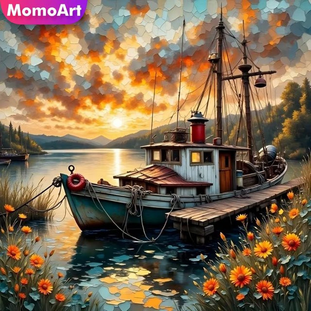 Momoart Diamant-Stickerei Schiffslandschaft mit Sonnenuntergang als DIY Diamant-Mosaik Gemälde in Multicolour, B/B/H: 20 x 20 x 20 cm - Bild 1