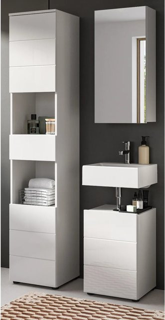 Inn.Furn Badmöbel Set Larik in Weiß Hochglanz, 3-teilig mit Hochschrank, Spiegelschrank und Waschbeckenunterschrank, B/H: 91 x 190 cm - Bild 1