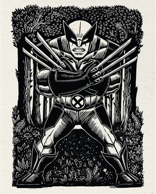 Komar Wandbild Marvel Wolverine Lino-Cut in Schwarz-Weiß, Breite: 40 cm, Höhe: 50 cm - Bild 1