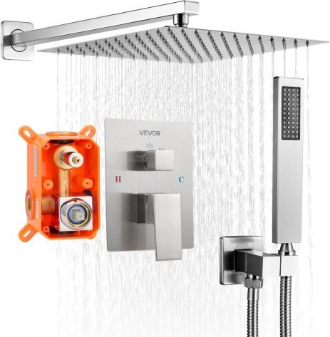 VEVOR Duscharmatur Regenduschsystem mit quadratischem Regenduschkopf und Handbrause, wandmontiert, Messingventil, gebürstetes Nickel - Bild 1