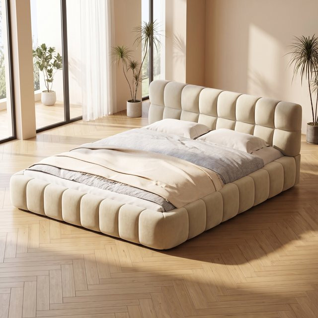 Anajqaqia Bubble Bed gepolstertes Doppelbett mit Bubble-Tufting und Seitengittern aus Leinen, Beige, B/T: 140 x 200 cm - Bild 1