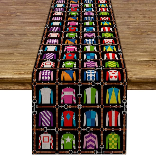 JMG Household Supplies Leinen Tischläufer Run for The Roses Derby-Design, Farbe: Weiß/Mehrfarbig, B/H: 150 x 33 cm - Bild 1