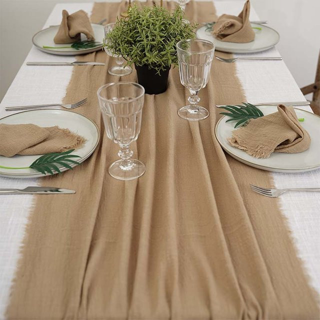 SUMMERTREE Tischläufer aus Baumwollgaze in Beige und Blau mit Jute-Textur im Vintage-Stil, Rechteckig, Breite: 300 cm, Tiefe: 62 cm - Bild 1