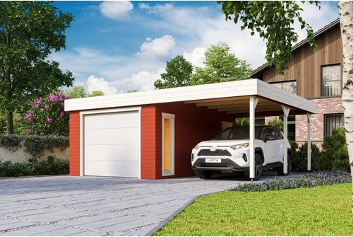 Blockgarage Lasita Maja Bahamas aus Holz in Schwedenrot mit Sektionaltor und Stufendach, B/T: 820 x 560 cm - Bild 1