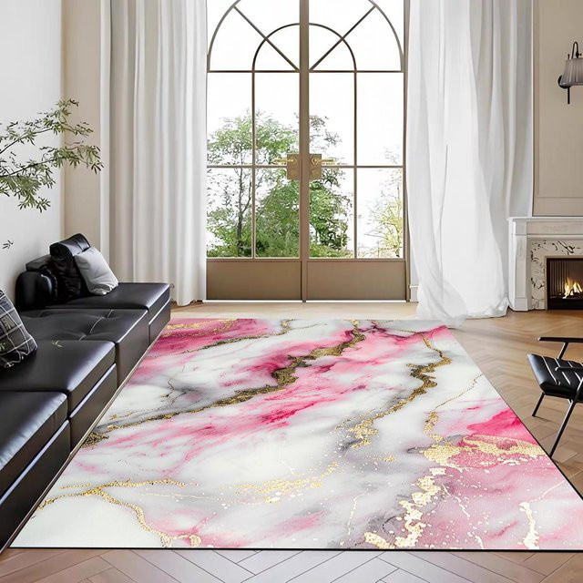 Moderner Luxus Teppich mit Marmor-Design in Weiß und Gold, rutschfest und waschbar, B/T: 120 x 160 cm - Bild 1