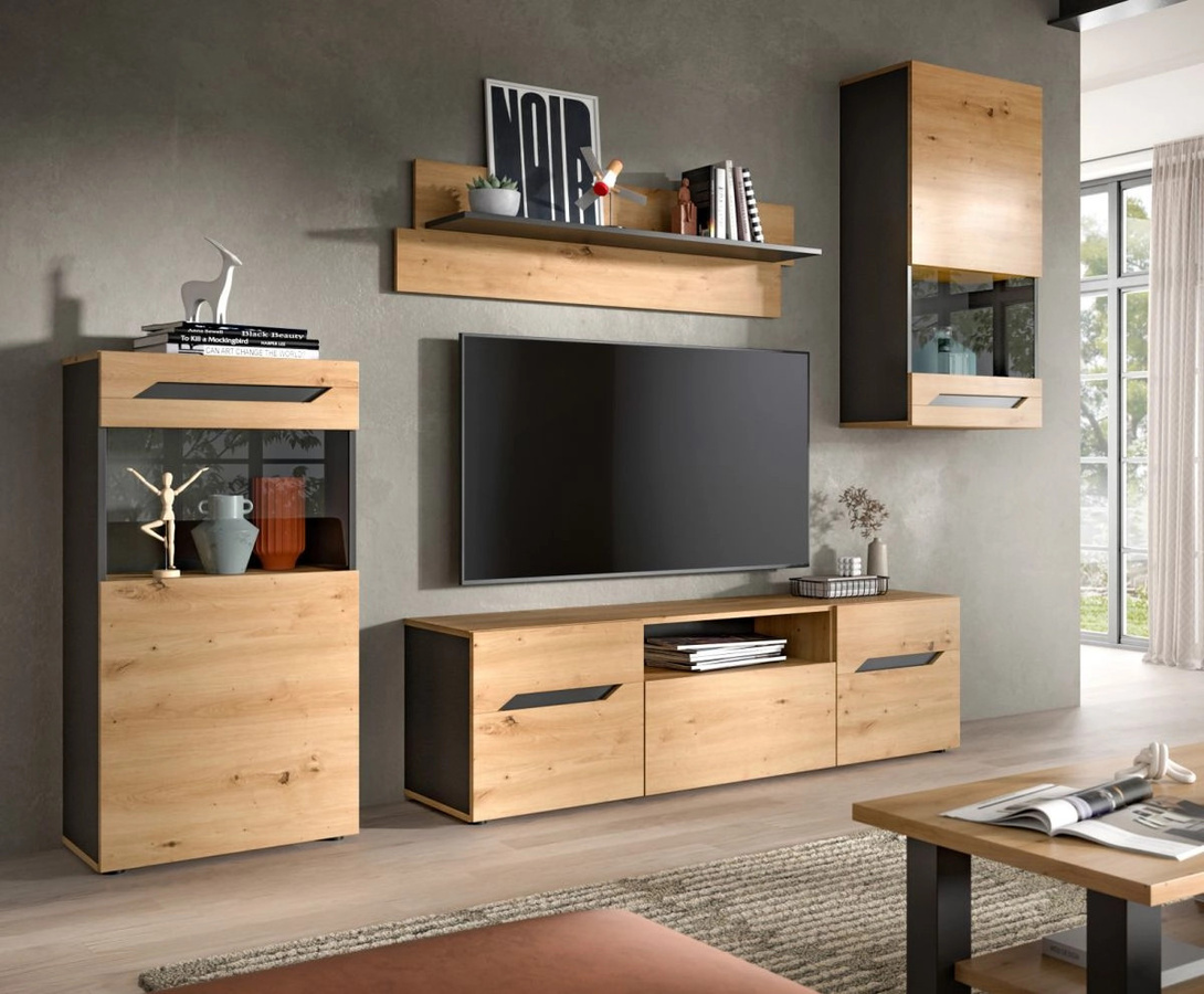 Moderne Wohnwand Aversa in Eiche und Grau mit Vitrine und Lowboard, Breite: 254 cm - Bild 2