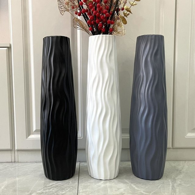 YFY Bodenvase in Keramikoptik aus Kunststoff für Schnittblumen und Trockenblumen, Weiß und Schwarz - Bild 1