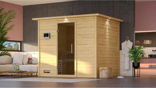 Karibu Sauna Sarina aus Fichte und Espe mit 9,0 kW Ofen, externem Steuergerät, LED-Dachkranz und Ganzglastür in Grau-Braun, B/T/H: 231 x 200 x 196 cm - Bild 2
