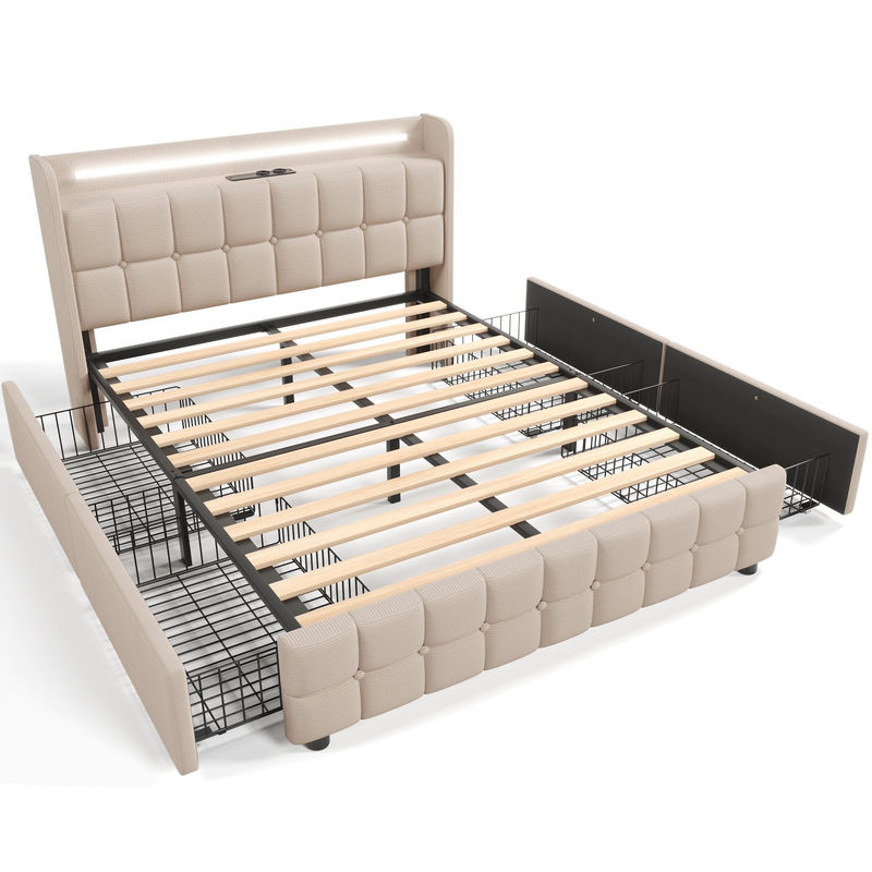 Aosom Doppelbett mit 4 Schubladen, USB-Anschluss und LED-Beleuchtung, Beige, B/T/H: 144,5 x 220 x 103,5 cm - Bild 2