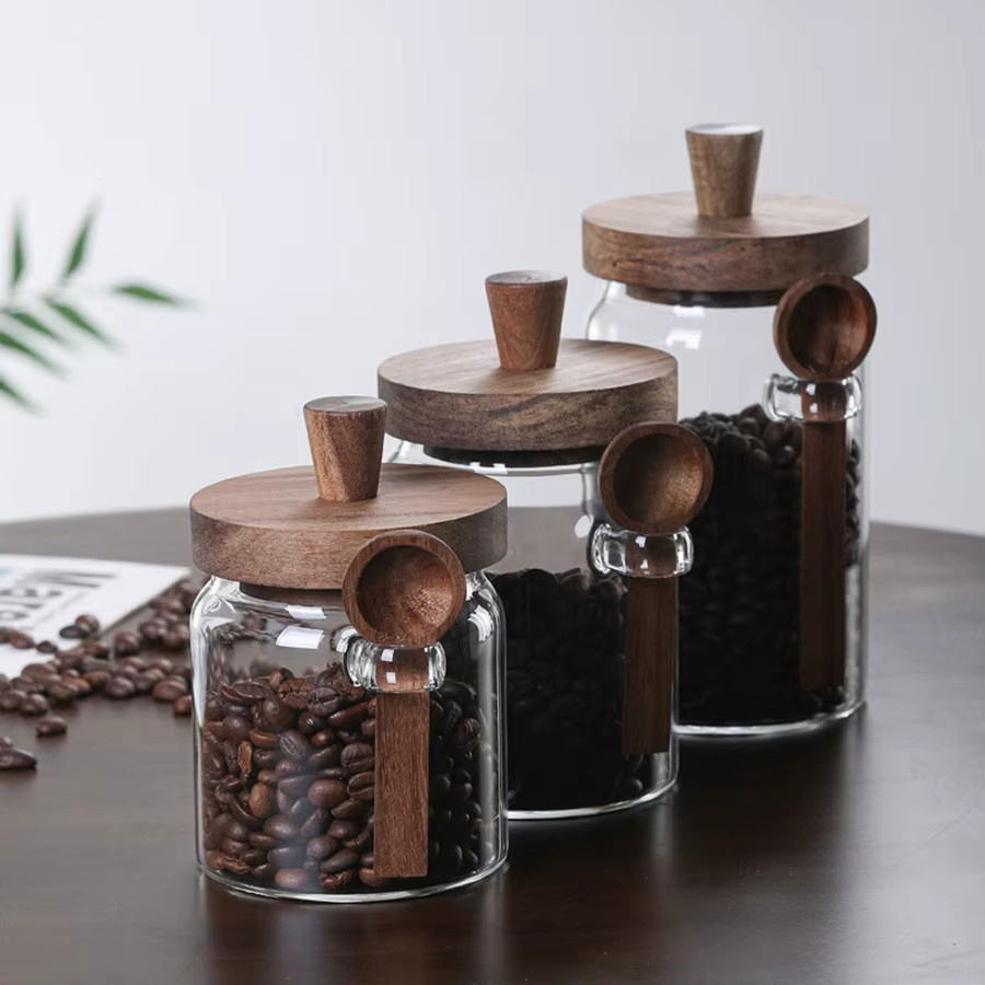 Luftdichter Lebensmittelaufbewahrungsbehälter aus Glas mit Holzdeckel, transparentes Vorratsglas für Zucker, Kaffee oder Süßigkeiten, 0,4 l - Bild 2
